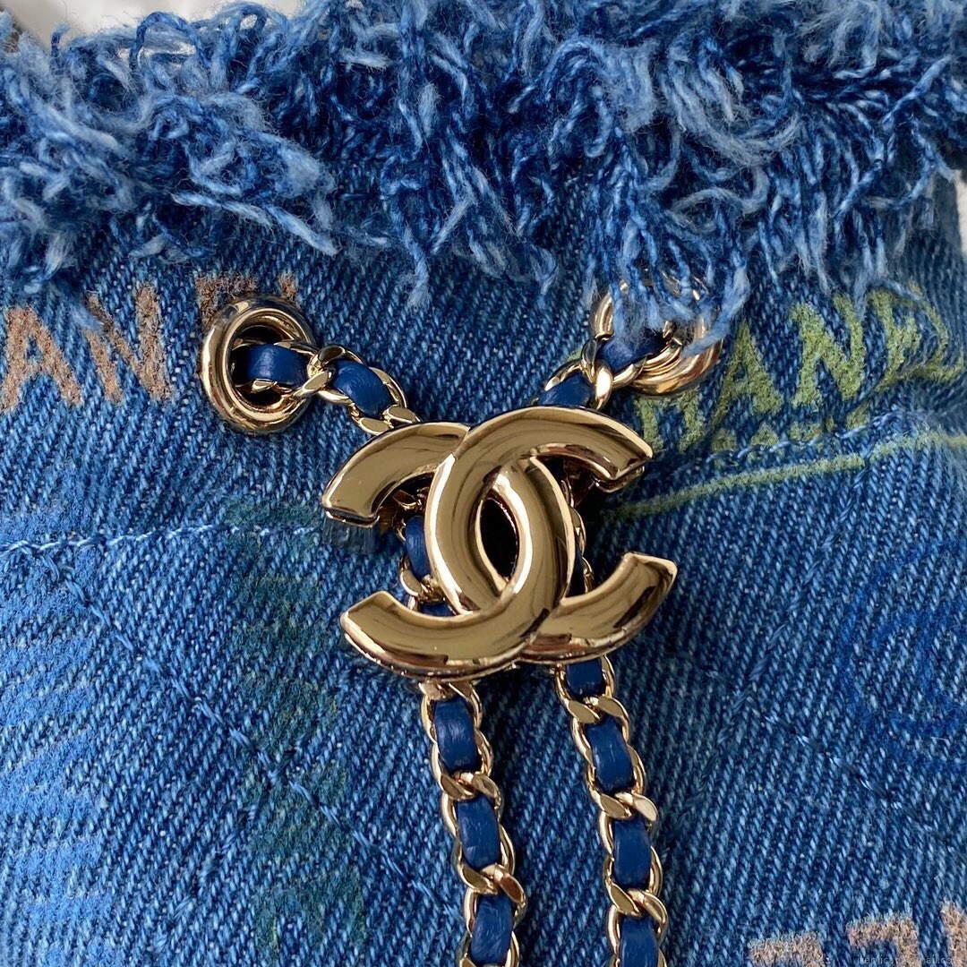 Chanel AP2603 Mini Bucket Bag with Chain Printed Denim Gold Blue