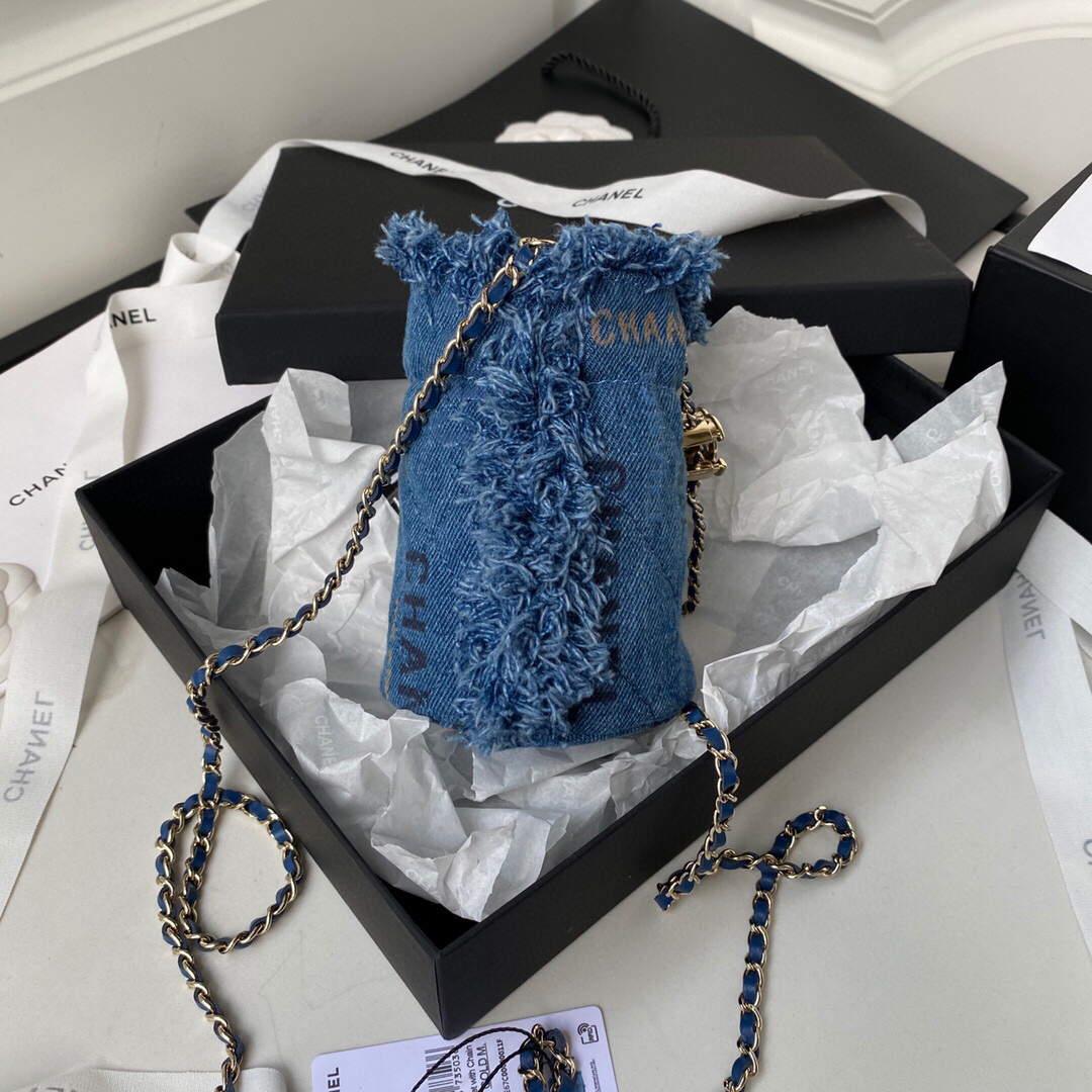 Chanel AP2603 Mini Bucket Bag with Chain Printed Denim Gold Blue