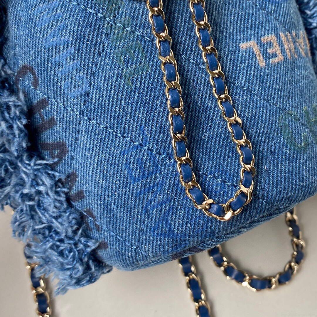 Chanel AP2603 Mini Bucket Bag with Chain Printed Denim Gold Blue