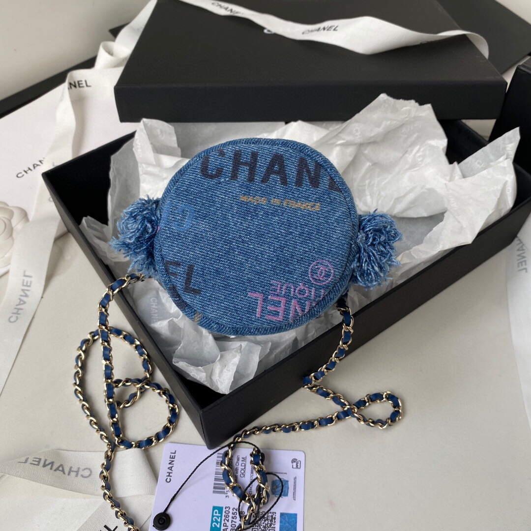 Chanel AP2603 Mini Bucket Bag with Chain Printed Denim Gold Blue