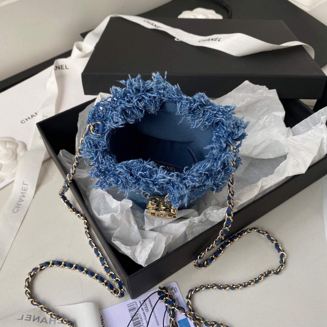 Chanel AP2603 Mini Bucket Bag with Chain Printed Denim Gold Blue