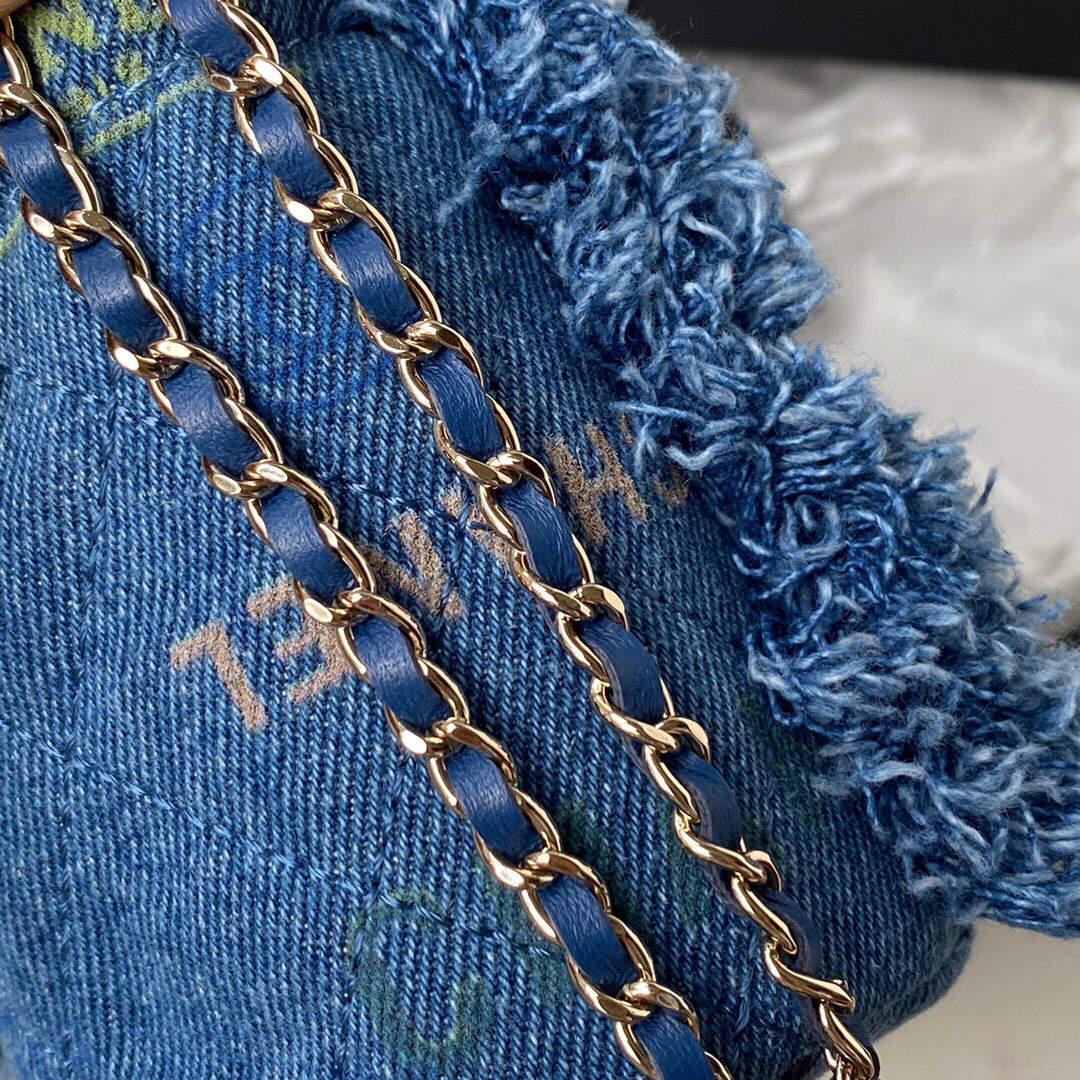 Chanel AP2603 Mini Bucket Bag with Chain Printed Denim Gold Blue