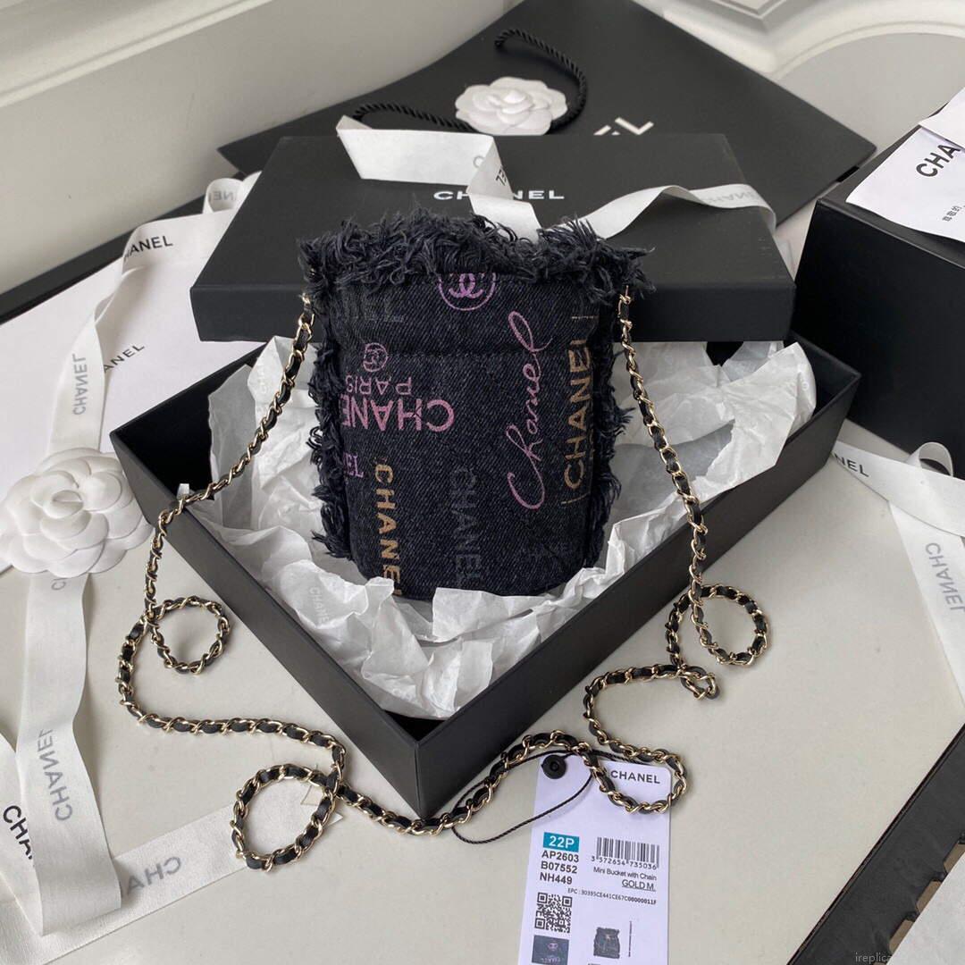 Chanel AP2603 Mini Bucket Bag with Chain Printed Denim Gold Black