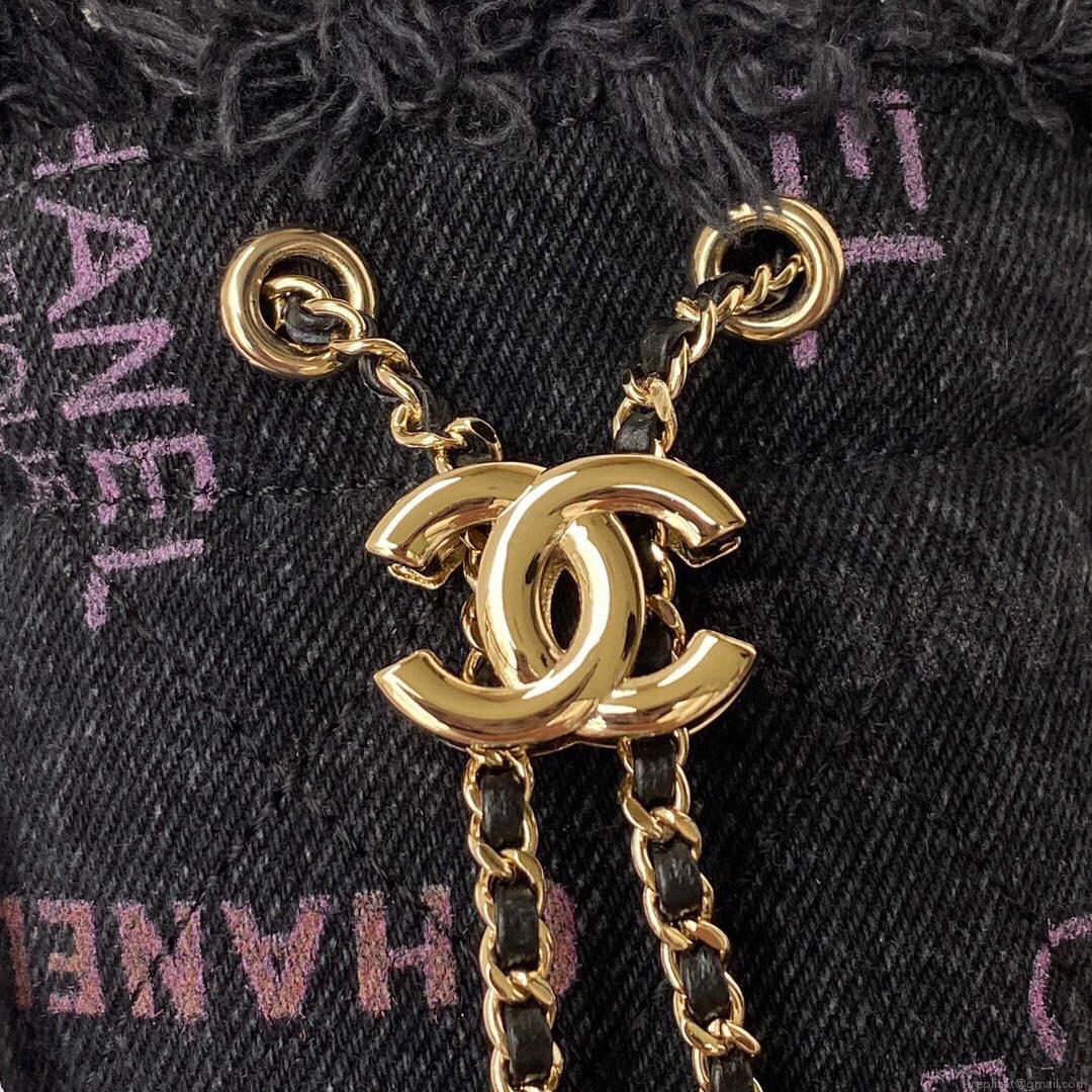 Chanel AP2603 Mini Bucket Bag with Chain Printed Denim Gold Black