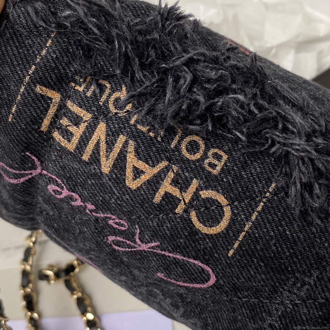 Chanel AP2603 Mini Bucket Bag with Chain Printed Denim Gold Black