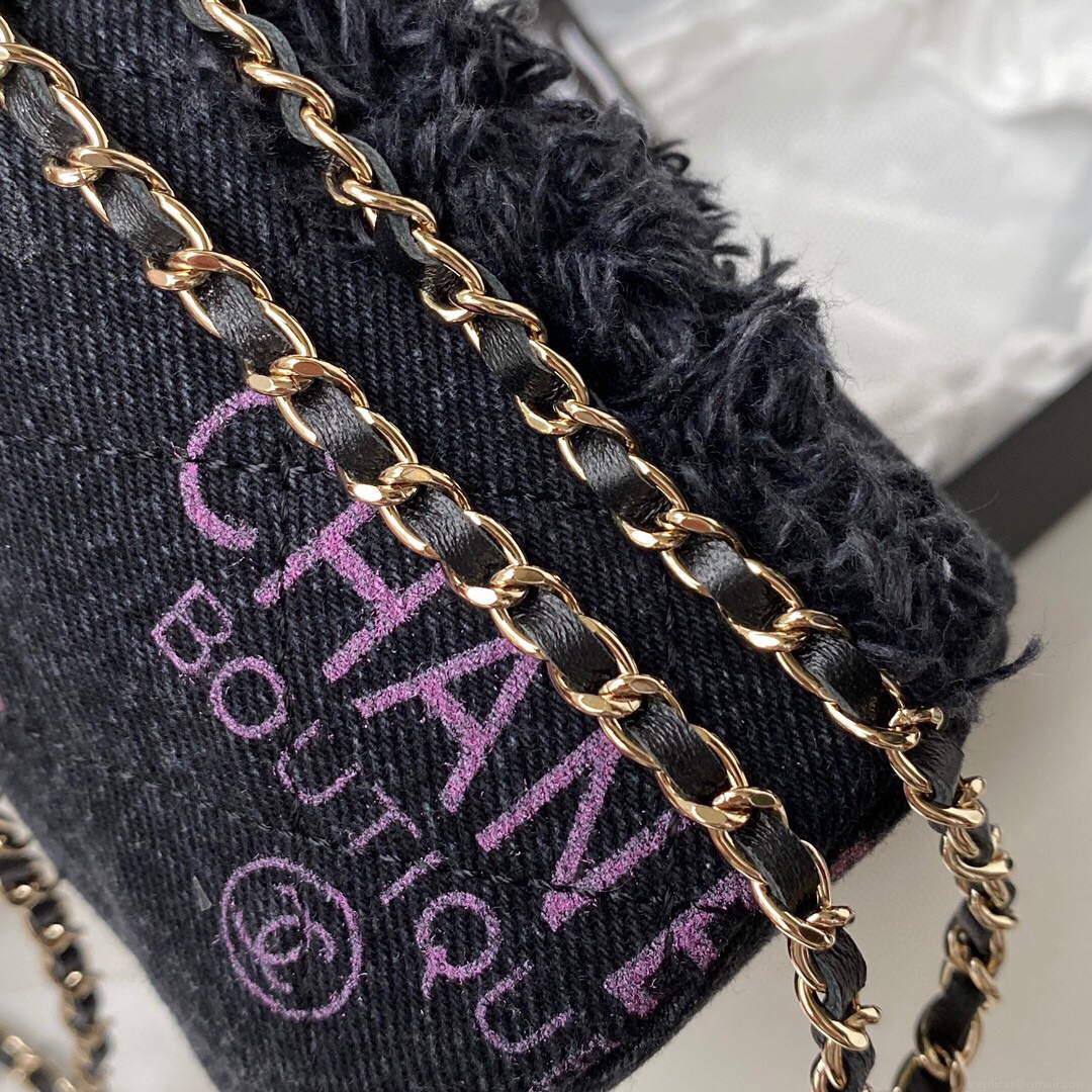 Chanel AP2603 Mini Bucket Bag with Chain Printed Denim Gold Black