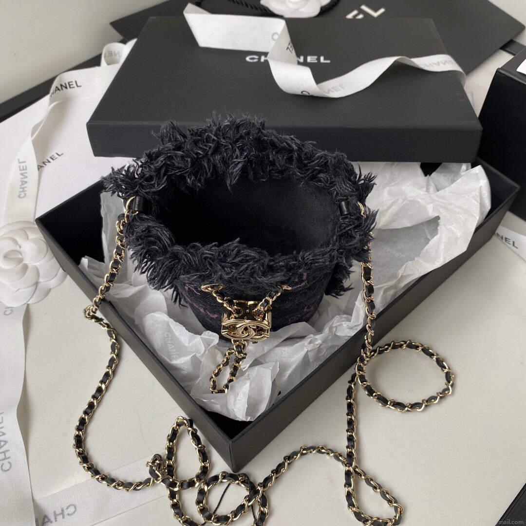Chanel AP2603 Mini Bucket Bag with Chain Printed Denim Gold Black
