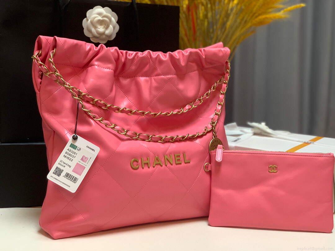 Chanel 22 Handbag Shiny Calfskin Gold AS3261 Pink