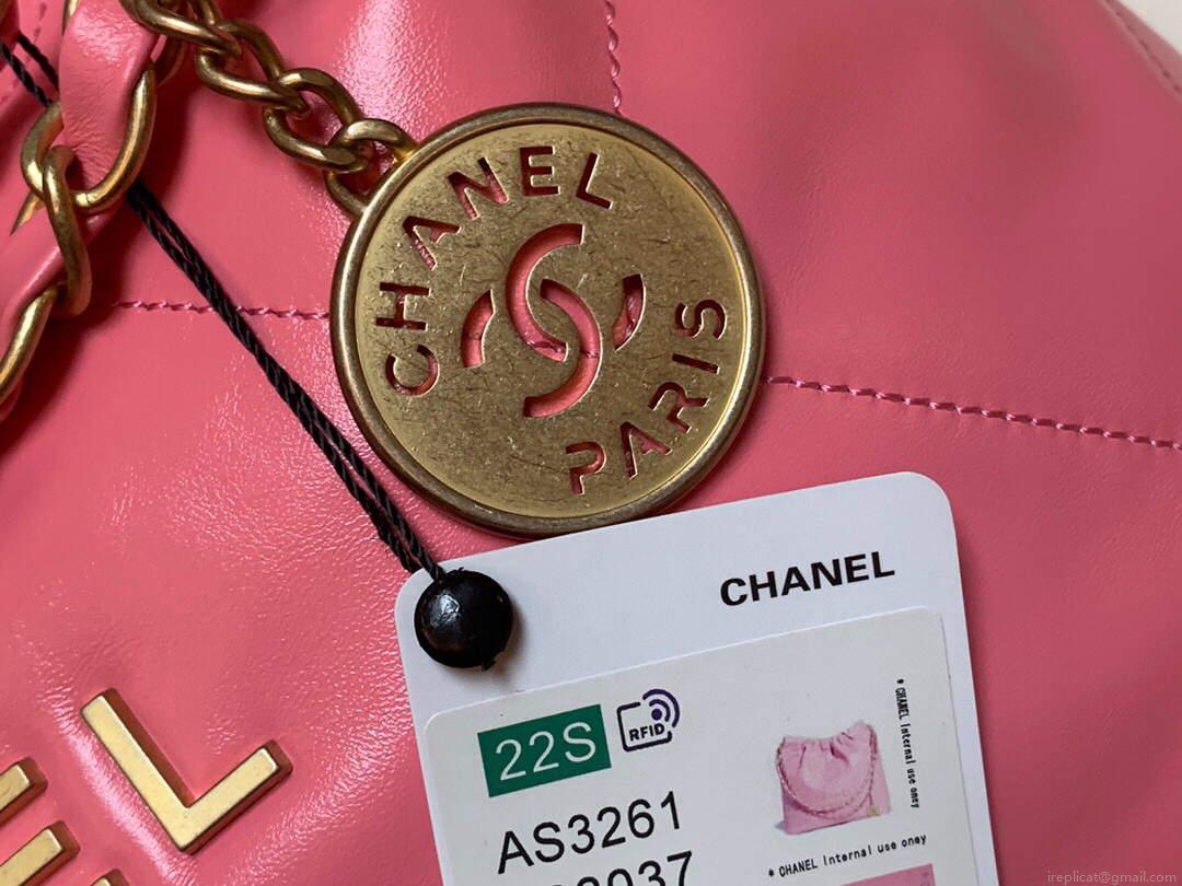 Chanel 22 Handbag Shiny Calfskin Gold AS3261 Pink