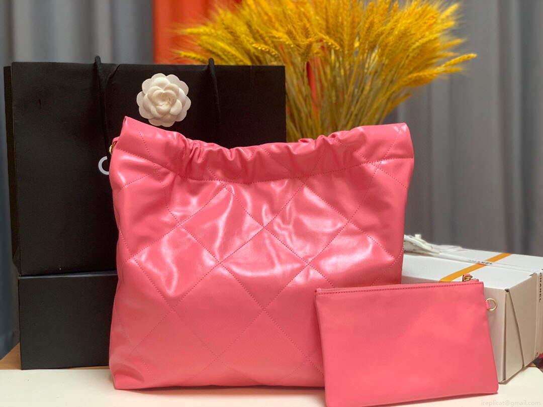 Chanel 22 Handbag Shiny Calfskin Gold AS3261 Pink
