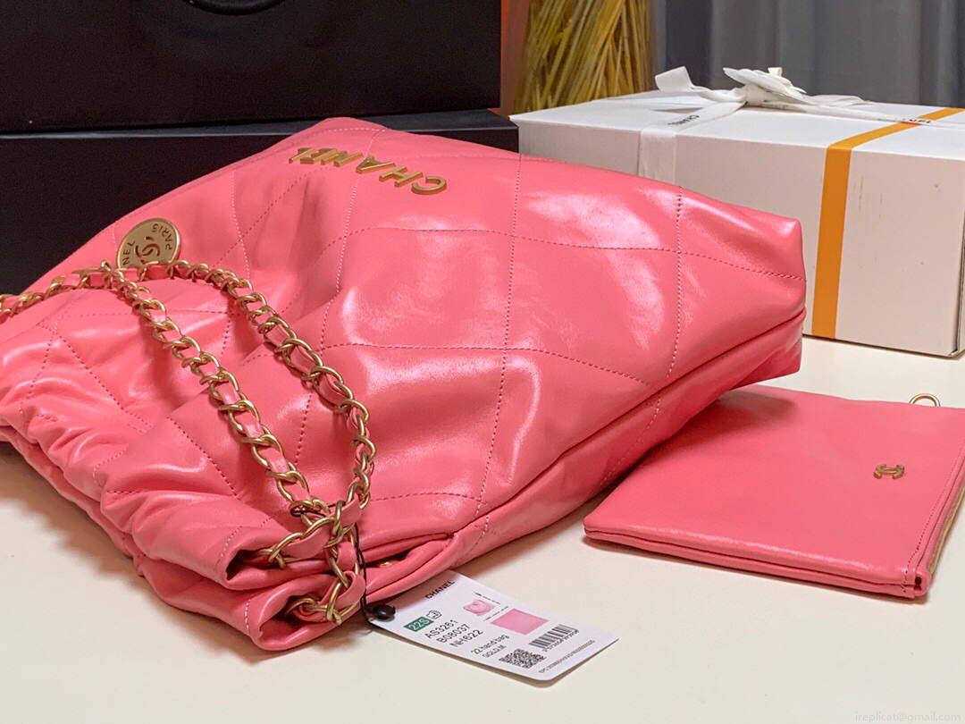 Chanel 22 Handbag Shiny Calfskin Gold AS3261 Pink