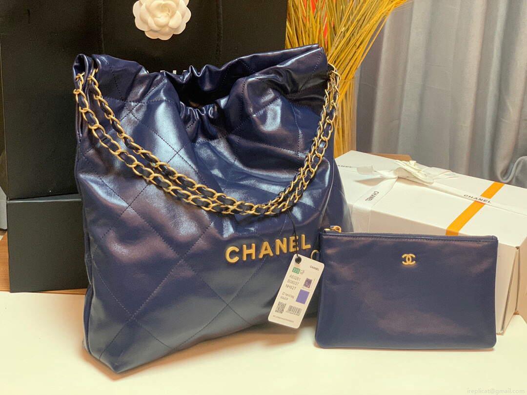 Chanel 22 Handbag Shiny Calfskin Gold AS3261 Navy Blue