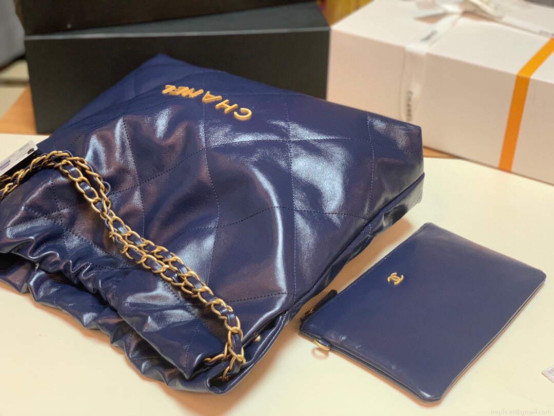 Chanel 22 Handbag Shiny Calfskin Gold AS3261 Navy Blue