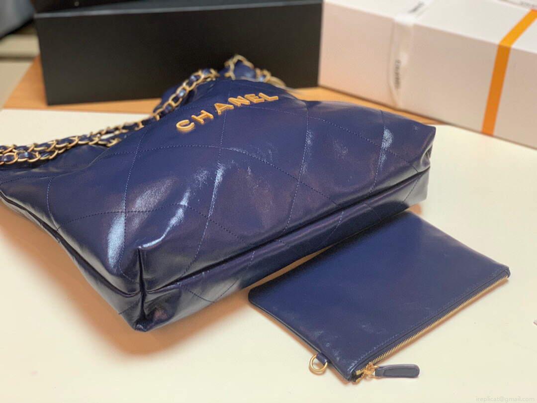 Chanel 22 Handbag Shiny Calfskin Gold AS3261 Navy Blue