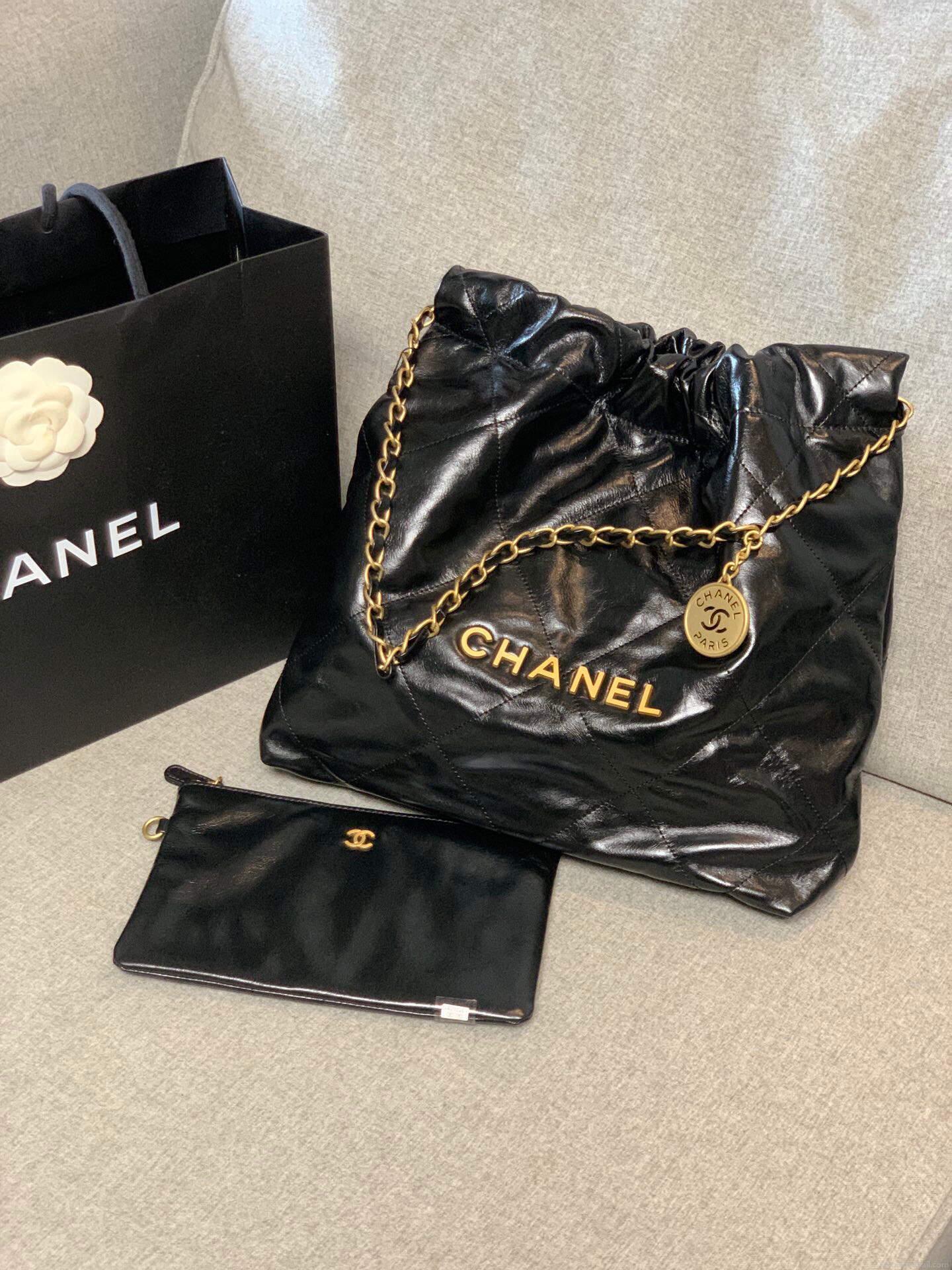 Chanel 22 Small Handbag Shiny Calfskin AS3260 Black Gold
