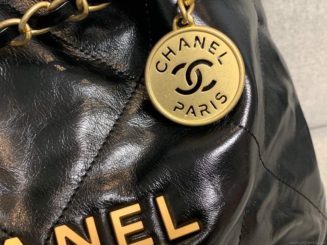 Chanel 22 Small Handbag Shiny Calfskin AS3260 Black Gold