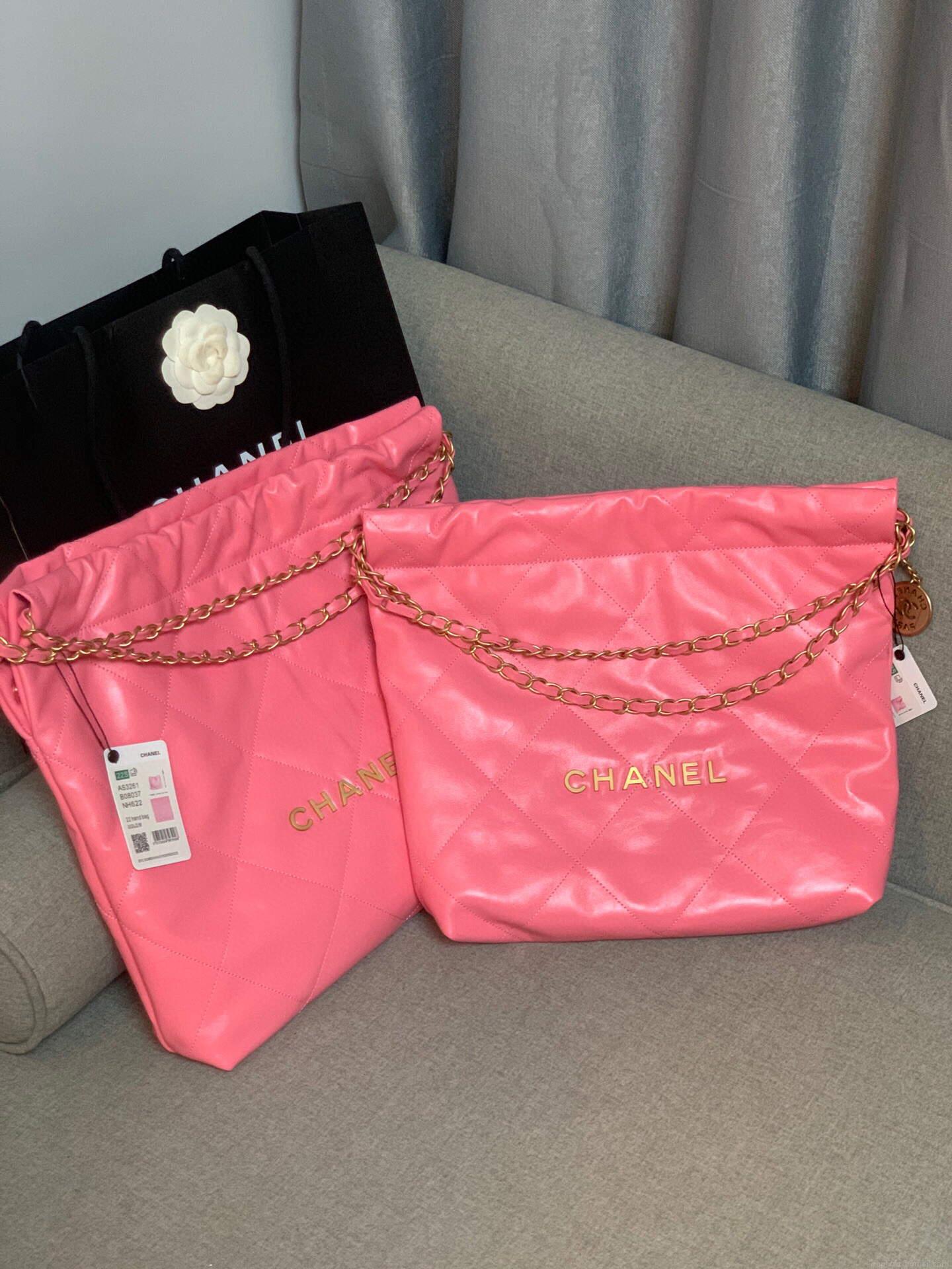 Chanel 22 Small Handbag Shiny Calfskin AS3260 Pink Gold