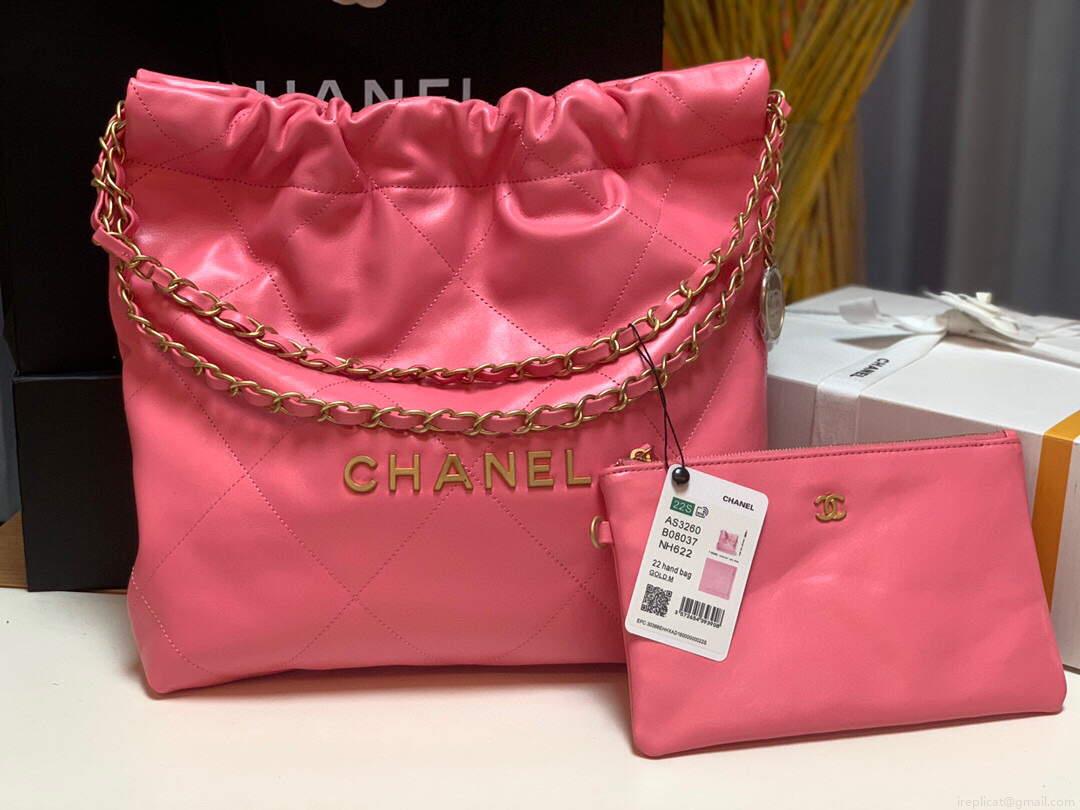 Chanel 22 Small Handbag Shiny Calfskin AS3260 Pink Gold