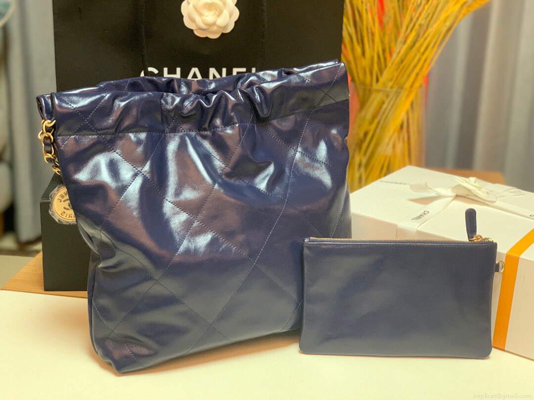 Chanel 22 Small Handbag Shiny Calfskin AS3260 Navy Blue Gold