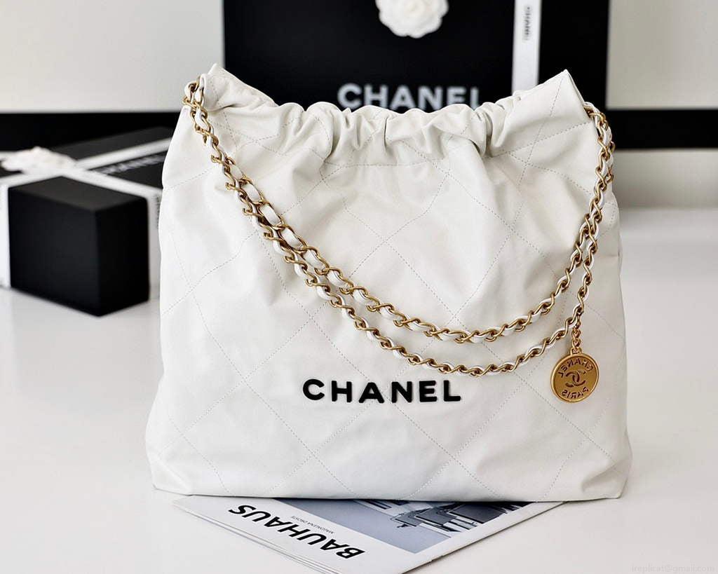 Chanel 22 Handbag Shiny Calfskin Gold AS3261 White with Black logo