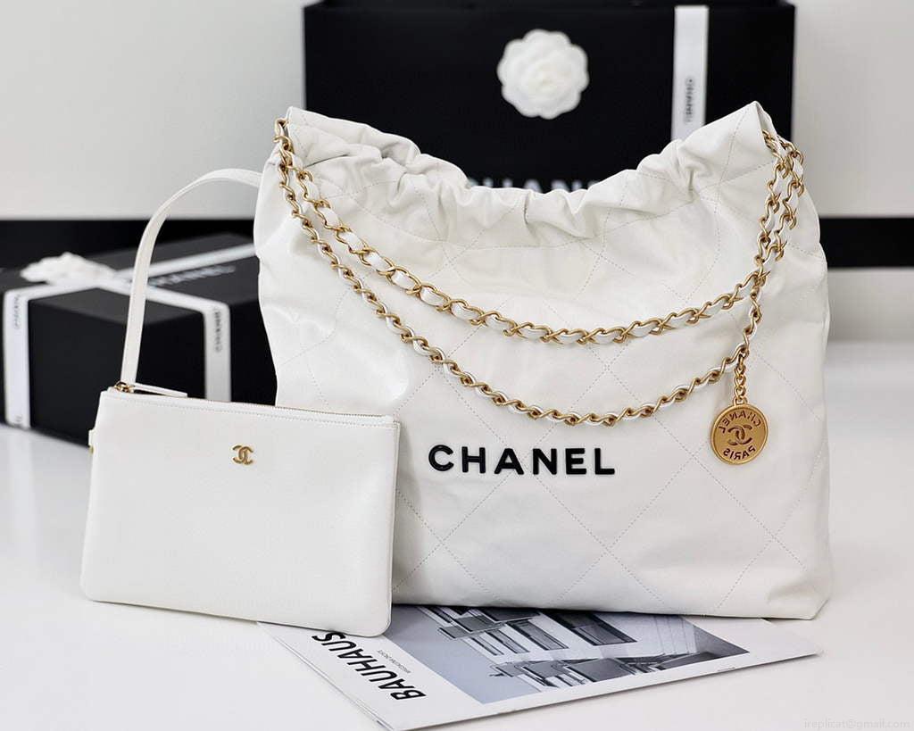 Chanel 22 Handbag Shiny Calfskin Gold AS3261 White with Black logo