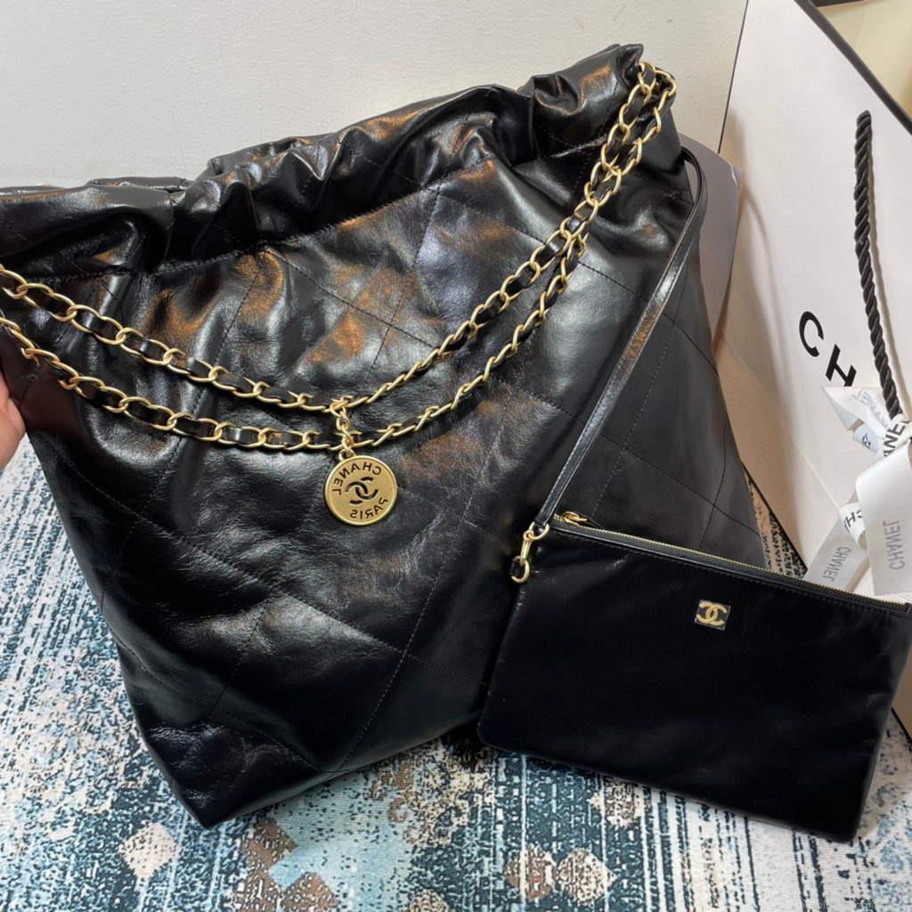 Chanel 22 Handbag Shiny Calfskin Gold AS3261 Black with white logo