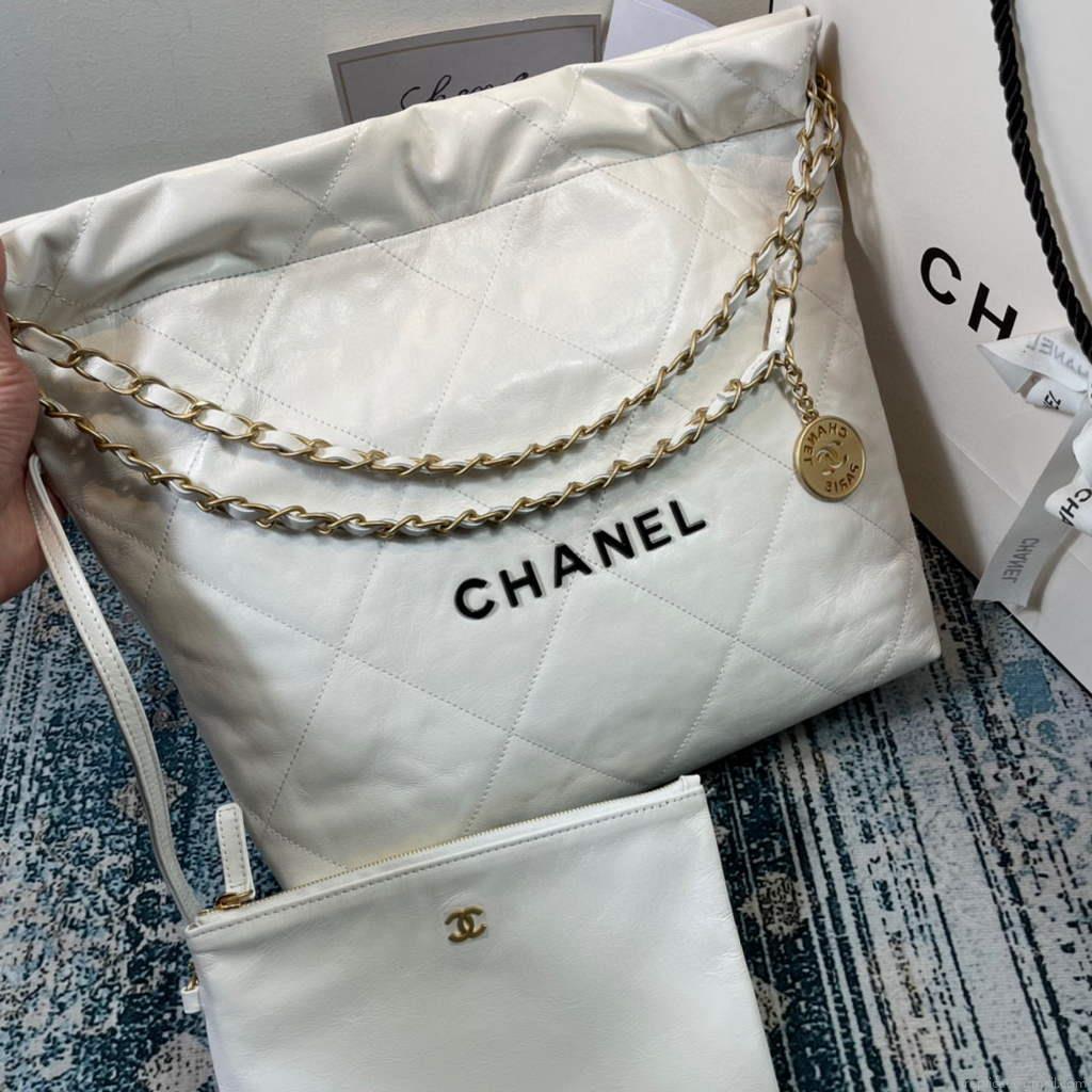 Chanel 22 Small Handbag Shiny Calfskin AS3260 White Gold with Black logo