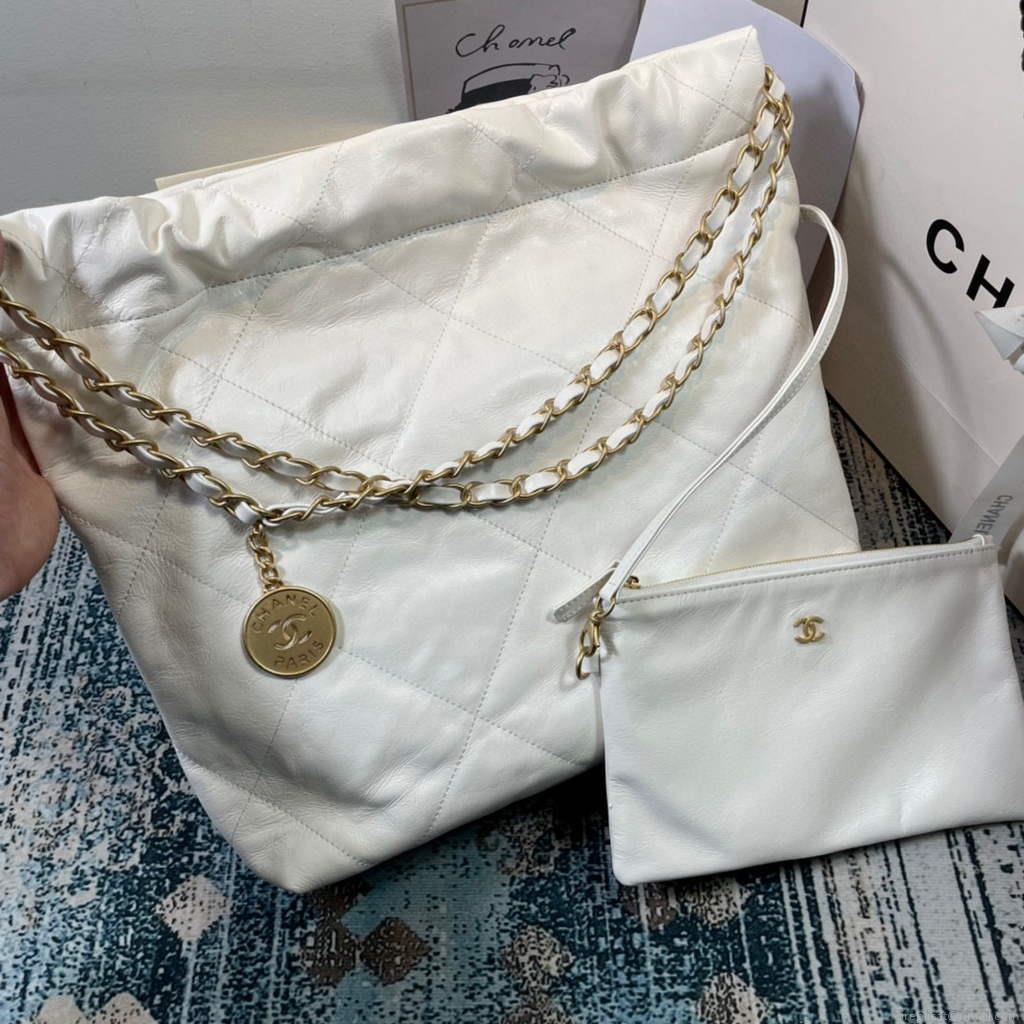 Chanel 22 Small Handbag Shiny Calfskin AS3260 White Gold with Black logo