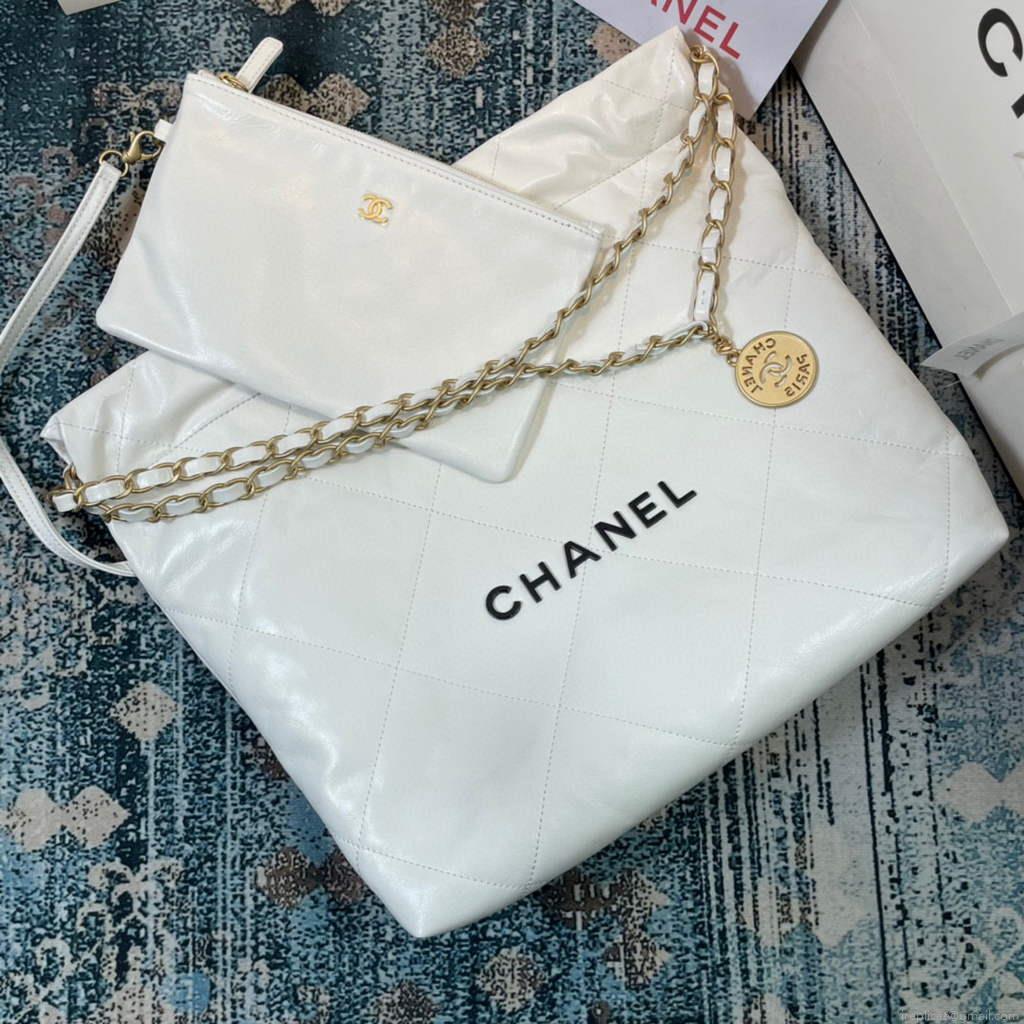 Chanel 22 Small Handbag Shiny Calfskin AS3260 White Gold with Black logo