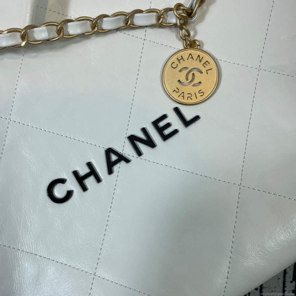 Chanel 22 Small Handbag Shiny Calfskin AS3260 White Gold with Black logo