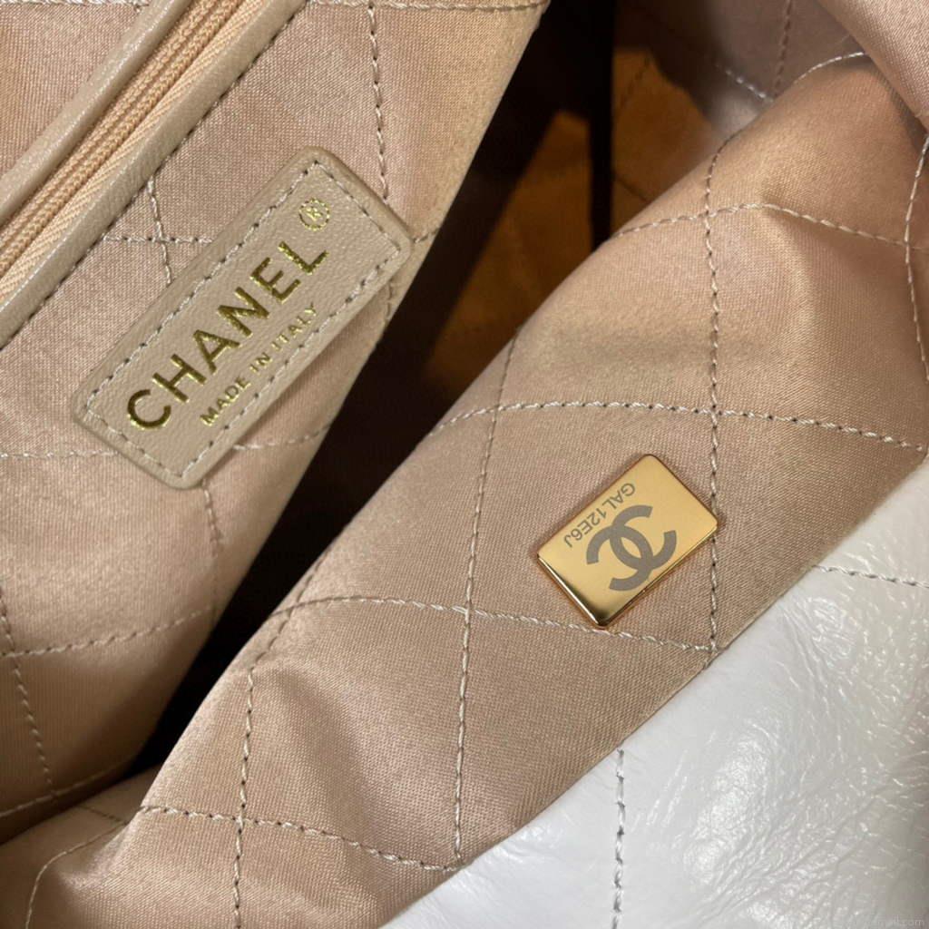 Chanel 22 Small Handbag Shiny Calfskin AS3260 White Gold with Black logo
