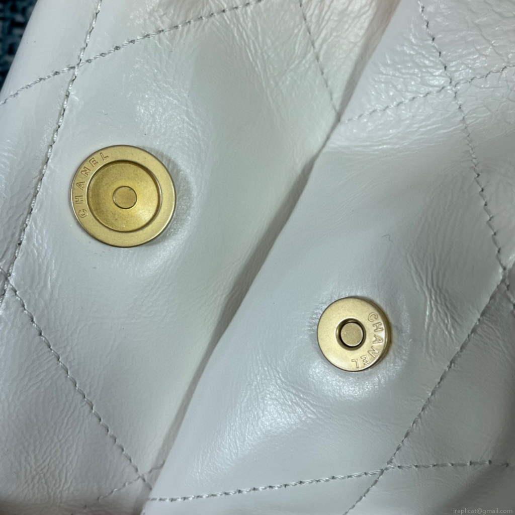 Chanel 22 Small Handbag Shiny Calfskin AS3260 White Gold with Black logo
