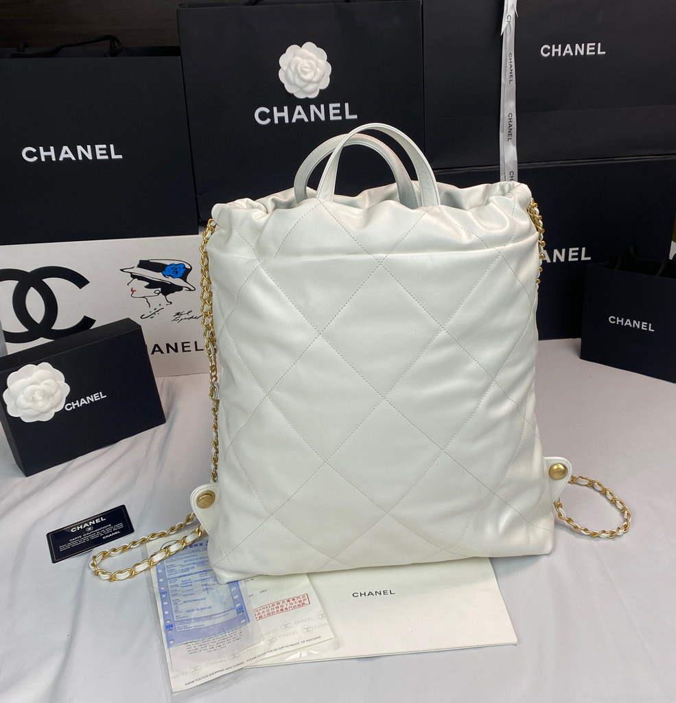 Chanel 22 Backpack Shiny Calfskin AS3313 White Gold