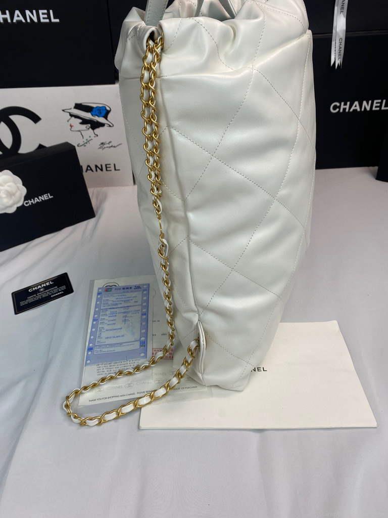 Chanel 22 Backpack Shiny Calfskin AS3313 White Gold