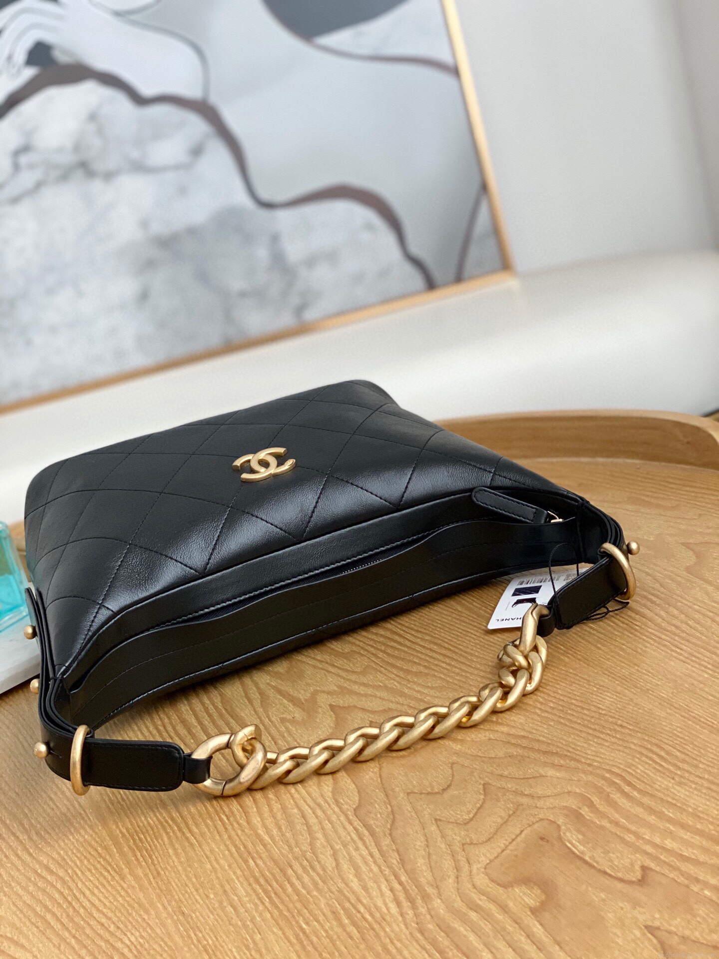 Chanel AS2910 Hobo Handbag Calfskin Black Gold