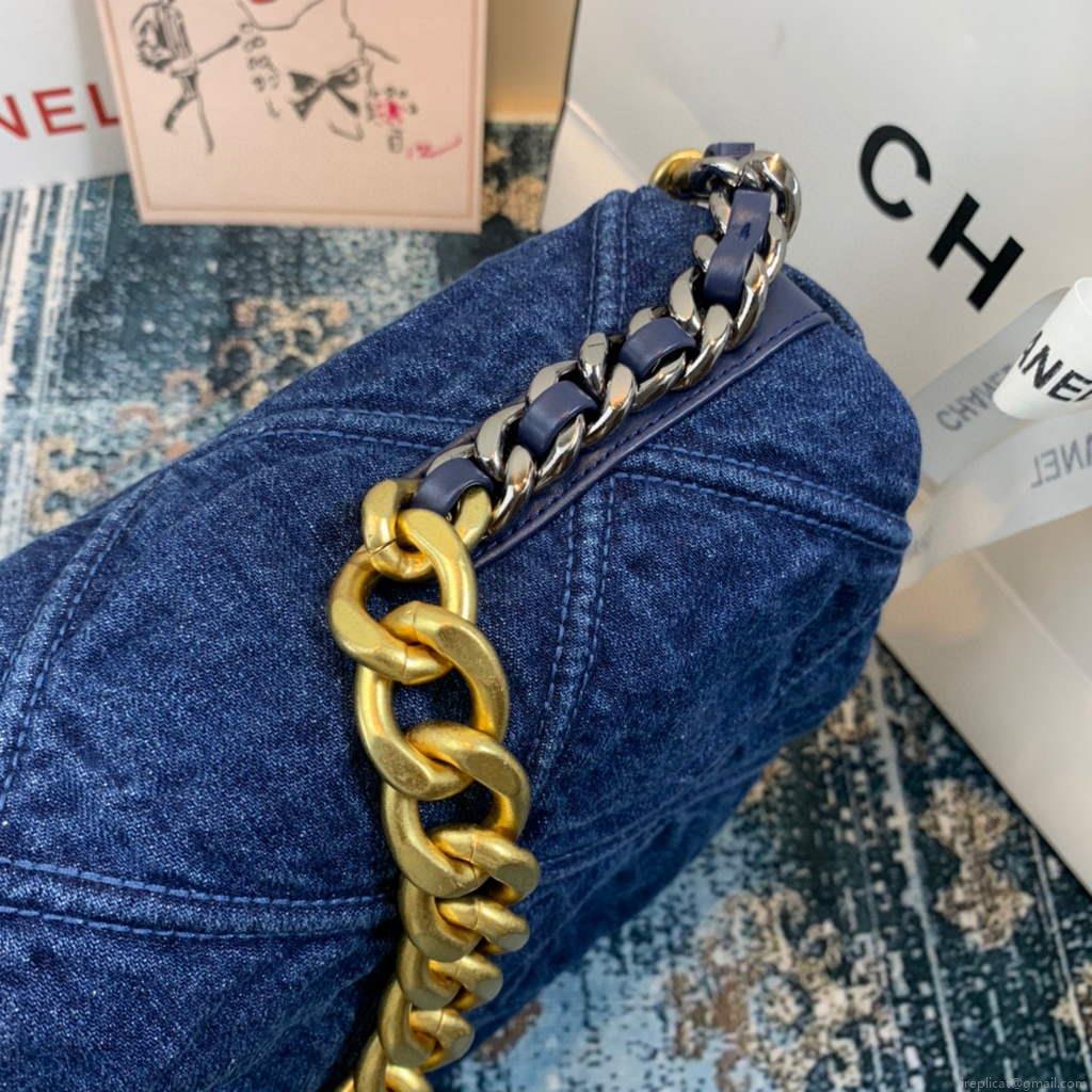 Chanel 19 Maxi Handbag Lambskin Gold AS1162 Navy Blue