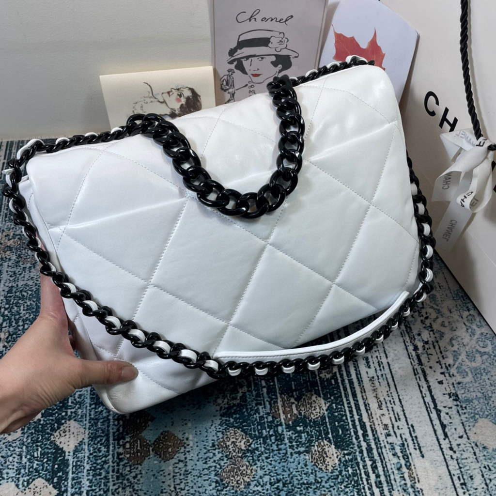 Chanel 19 Maxi Handbag Lambskin Gold AS1162 White
