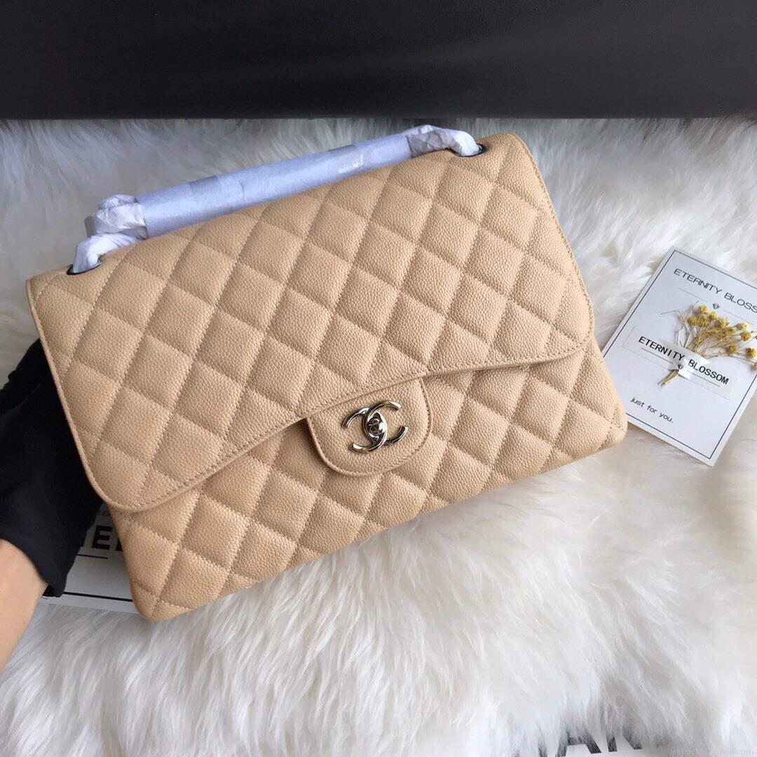 Chanel A01113 Maxi Flap Handbag Classic bag Grained shiny Calfskin gold Tan