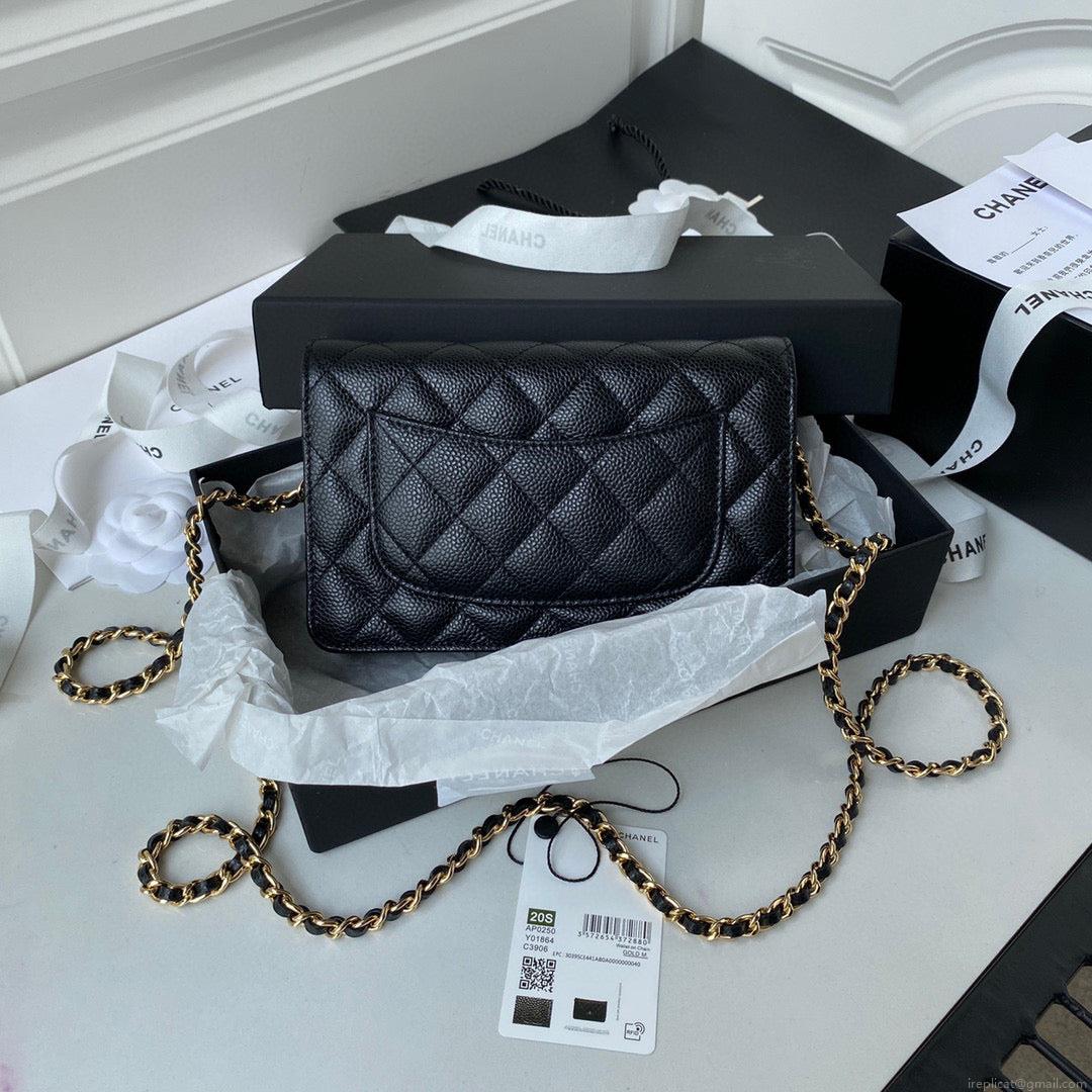 Chanel AP0250 Wallet on Chain Grained Calfskin A33814 Black Gold