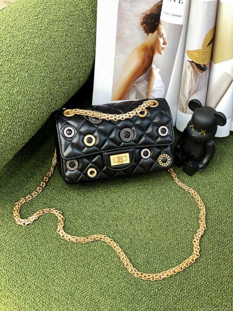 Chanel AS0874 Mini 2.55 Handbag Calfskin Strass Glass Pearls Black Gold