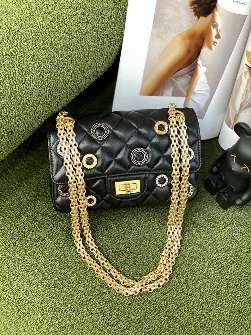 Chanel AS0874 Mini 2.55 Handbag Calfskin Strass Glass Pearls Black Gold