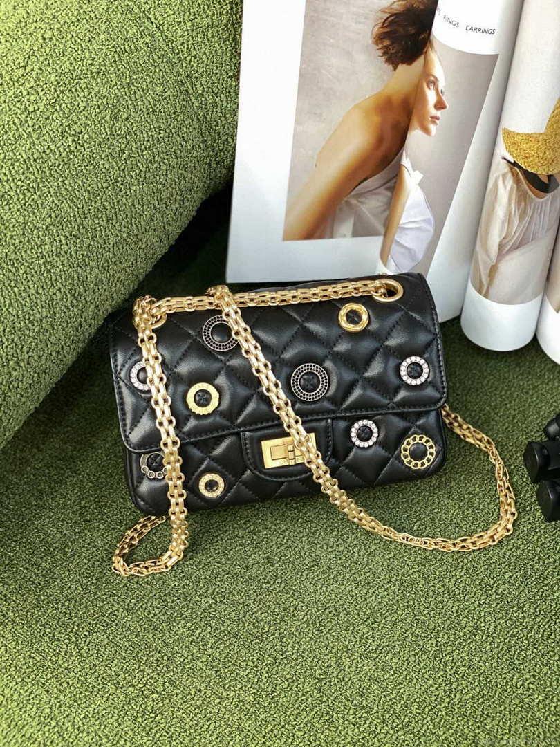 Chanel AS0874 Mini 2.55 Handbag Calfskin Strass Glass Pearls Black Gold