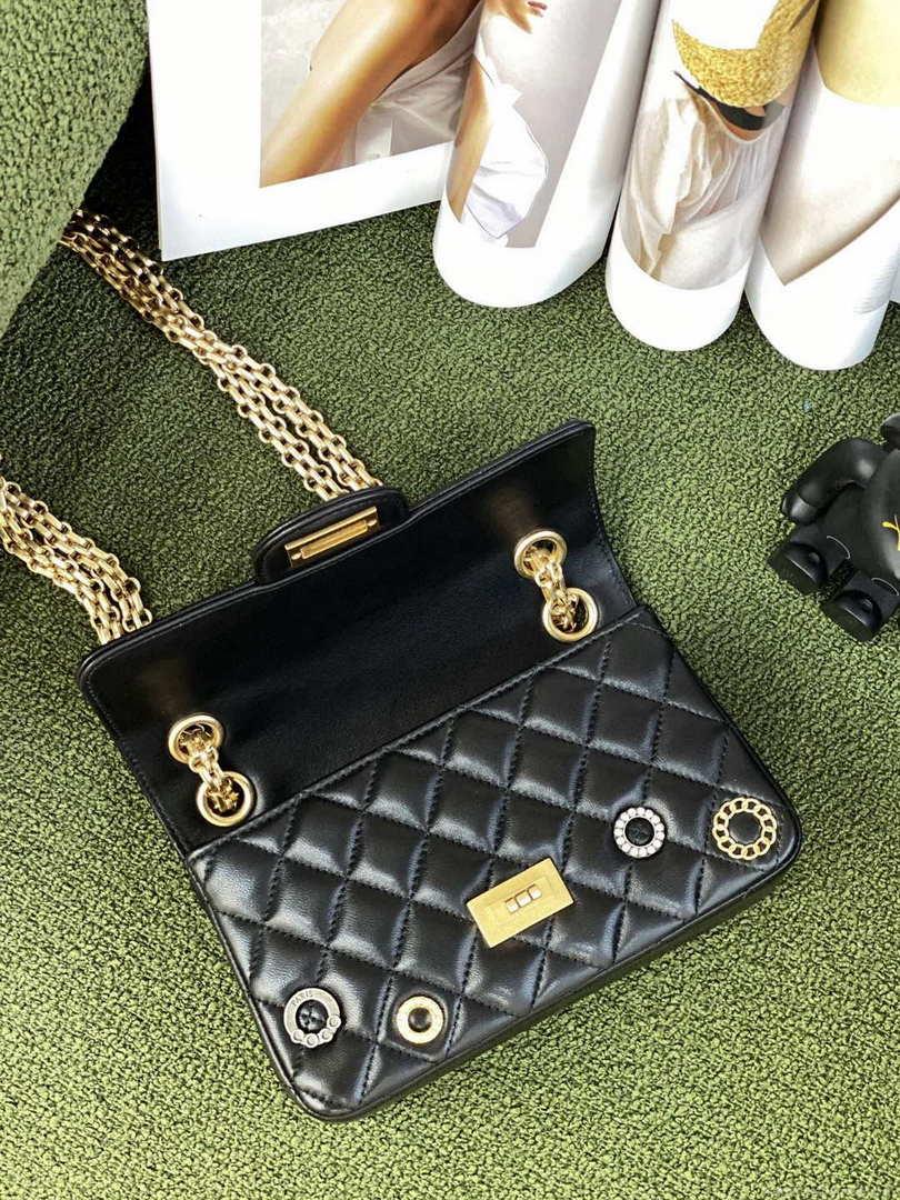 Chanel AS0874 Mini 2.55 Handbag Calfskin Strass Glass Pearls Black Gold
