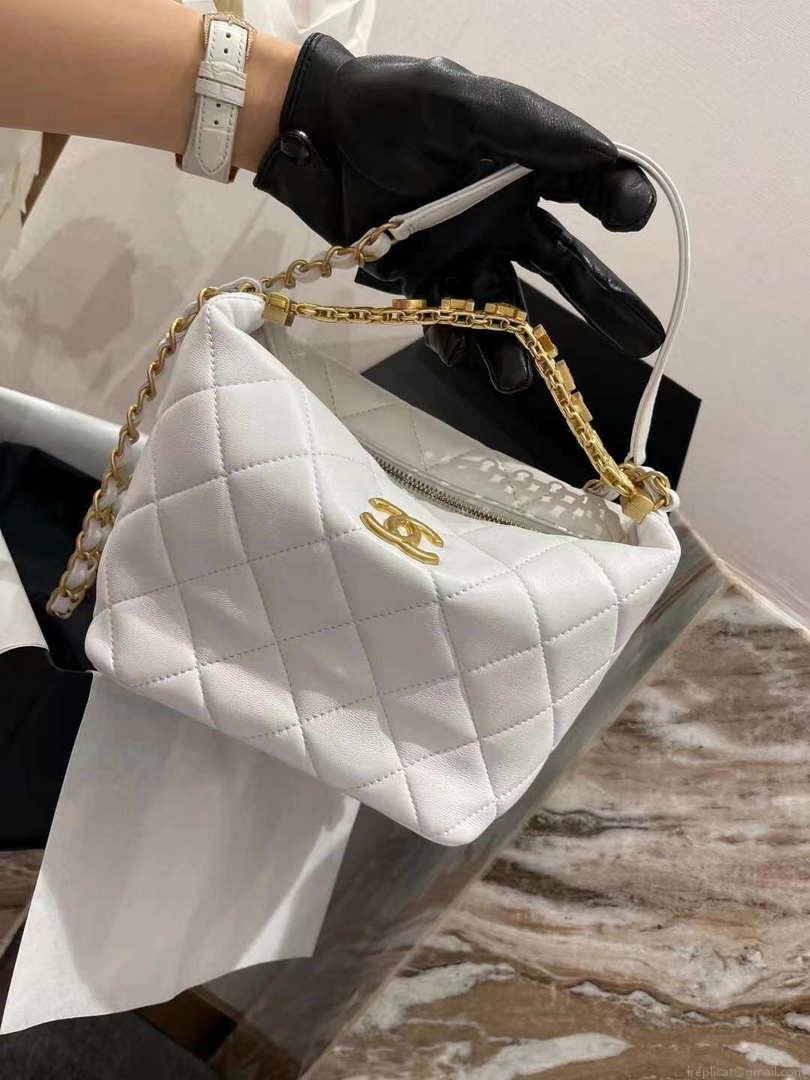 Chanel AS3242 Small Hobo Bag Lambskin Strass Gold-Tone Metal White