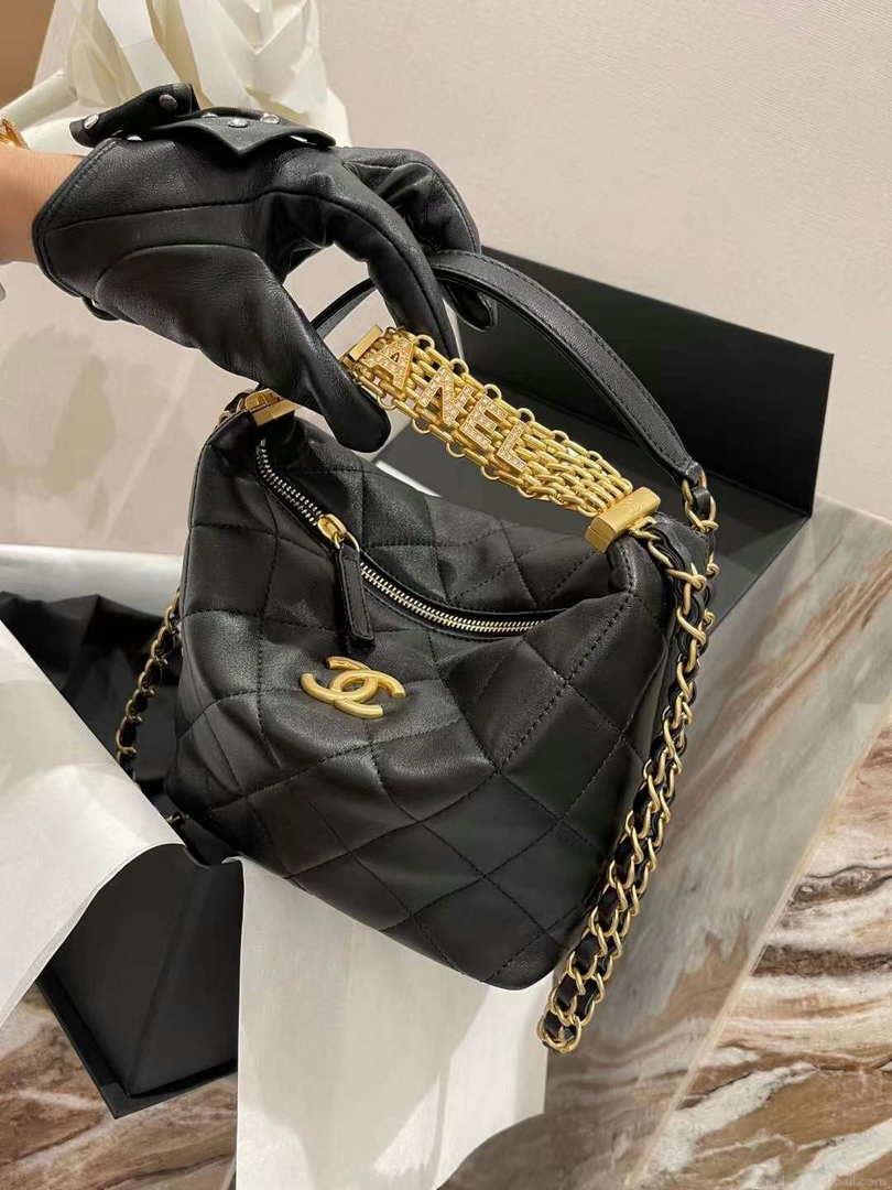 Chanel AS3242 Small Hobo Bag Lambskin Strass Gold-Tone Metal Black