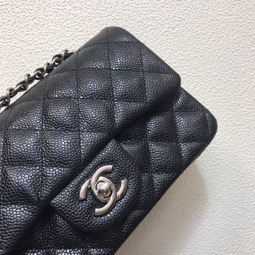 Chanel A69900 Mini Flap Bag Grained Calfskin Black Silver