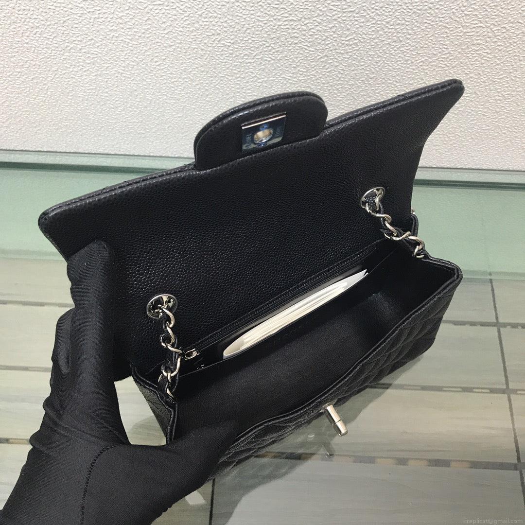 Chanel A69900 Mini Flap Bag Grained Calfskin Black Silver