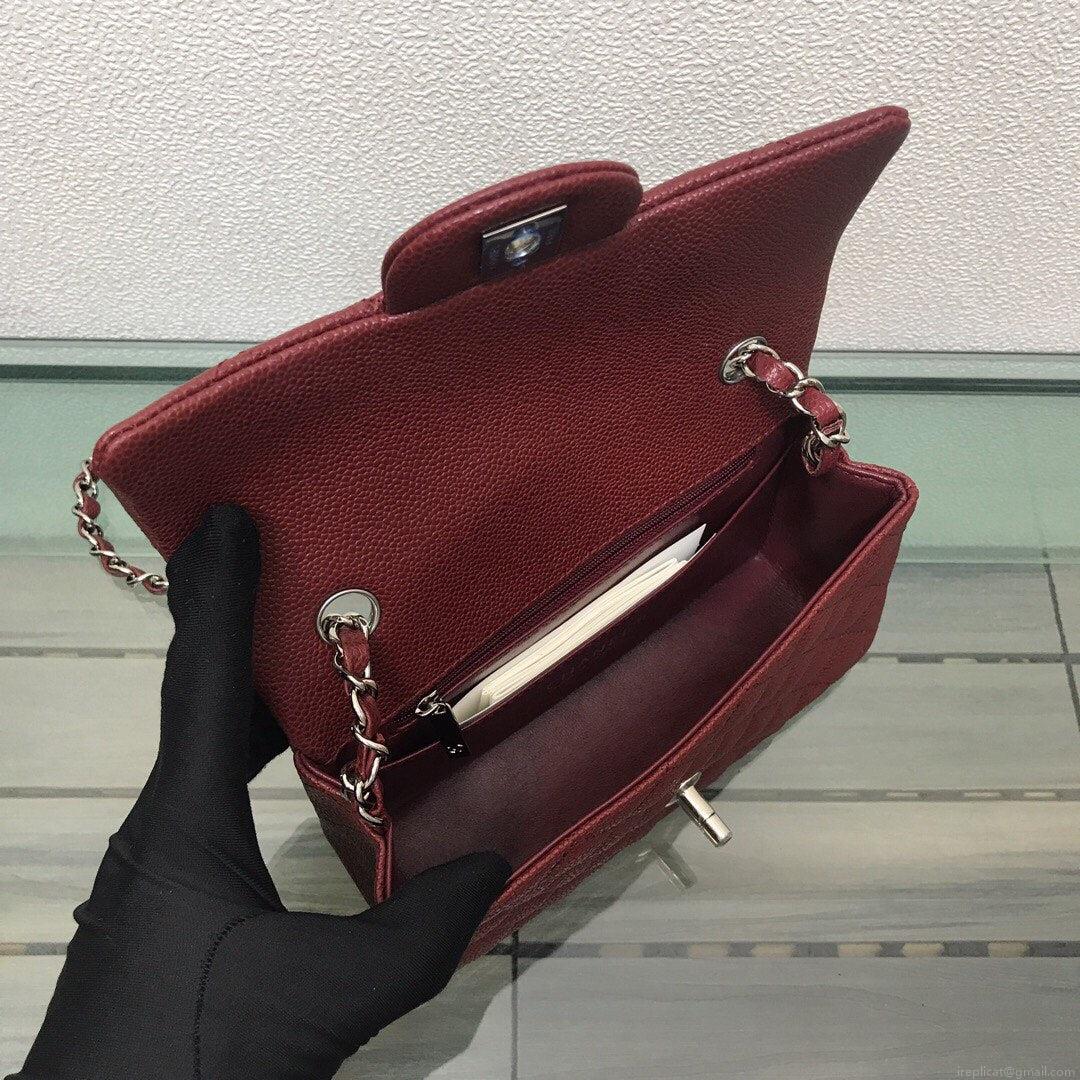 Chanel A69900 Mini Flap Bag Grained Calfskin Wine Red Silver