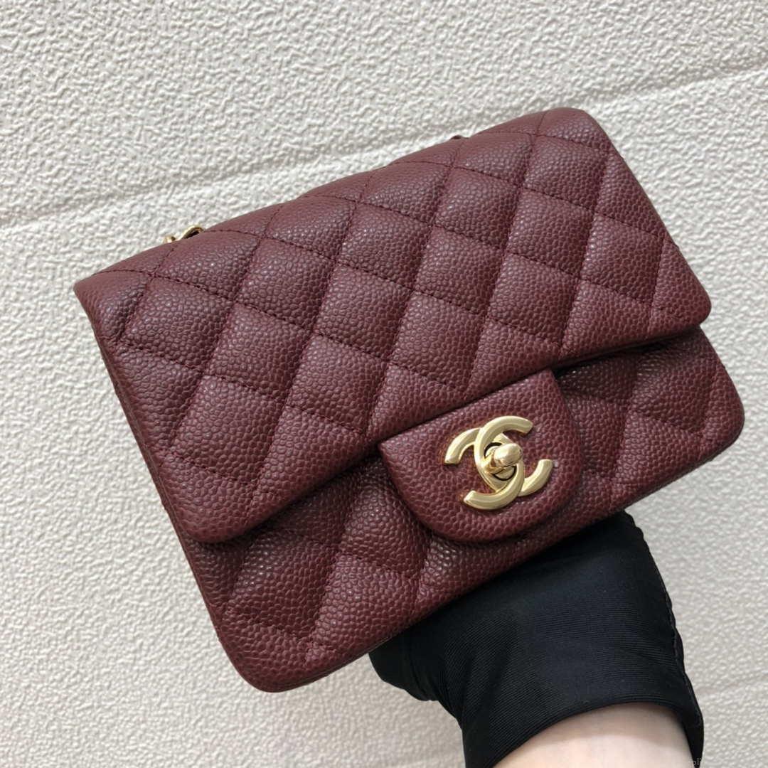 Chanel A35200 Mini Flap Bag 17cm Grained Calfskin Wine Red Gold