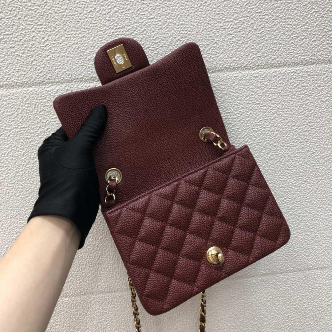 Chanel A35200 Mini Flap Bag 17cm Grained Calfskin Wine Red Gold